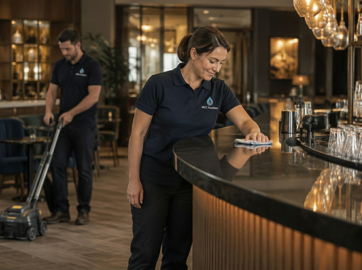 Immaculate hotel lounge being prepared for guests