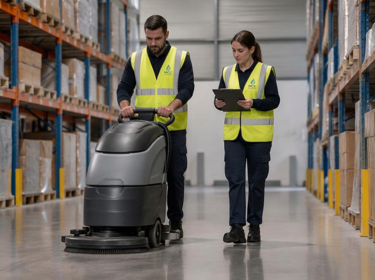 Organised distribution warehouse with marked walkways