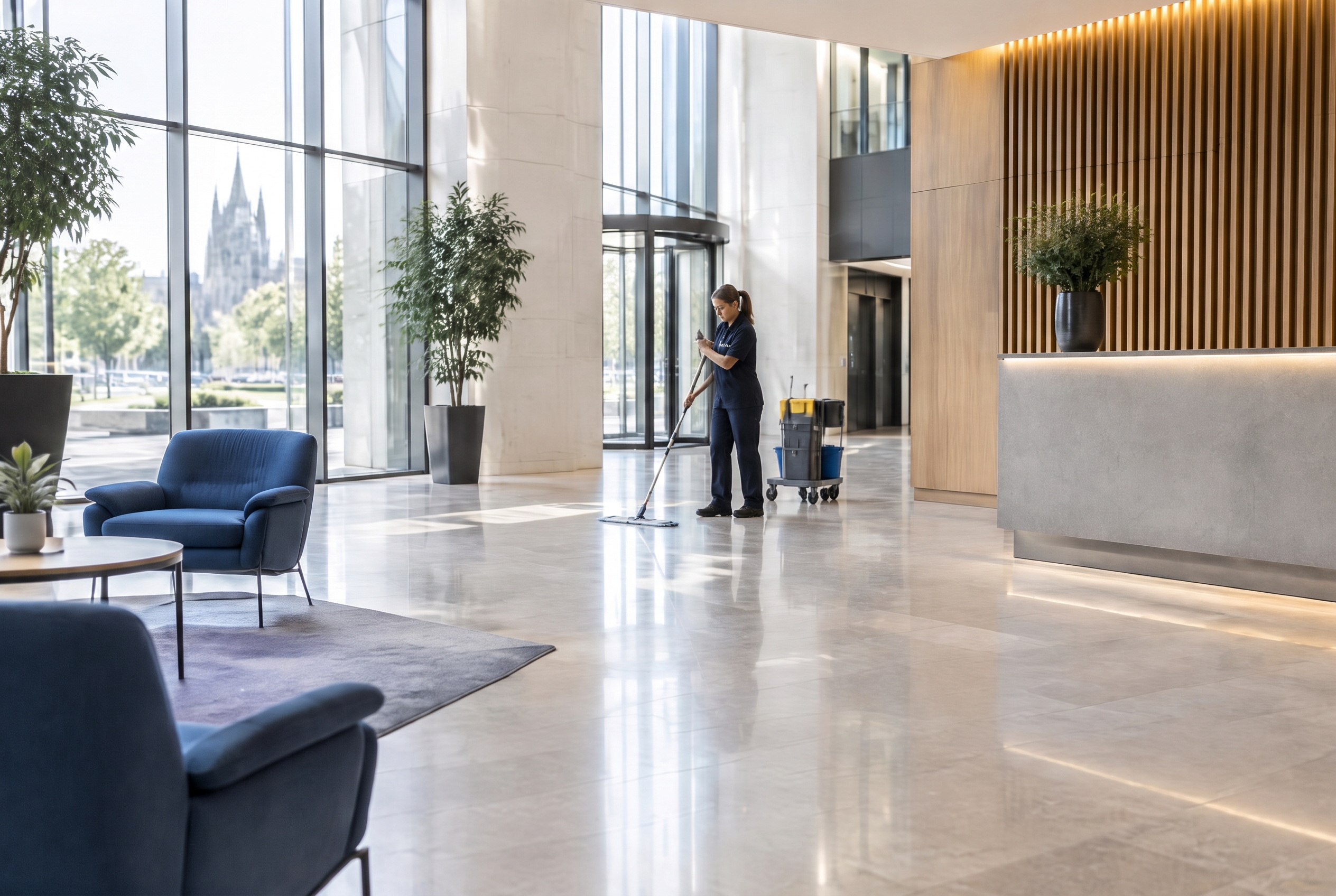 Professional cleaner maintaining a bright commercial lobby