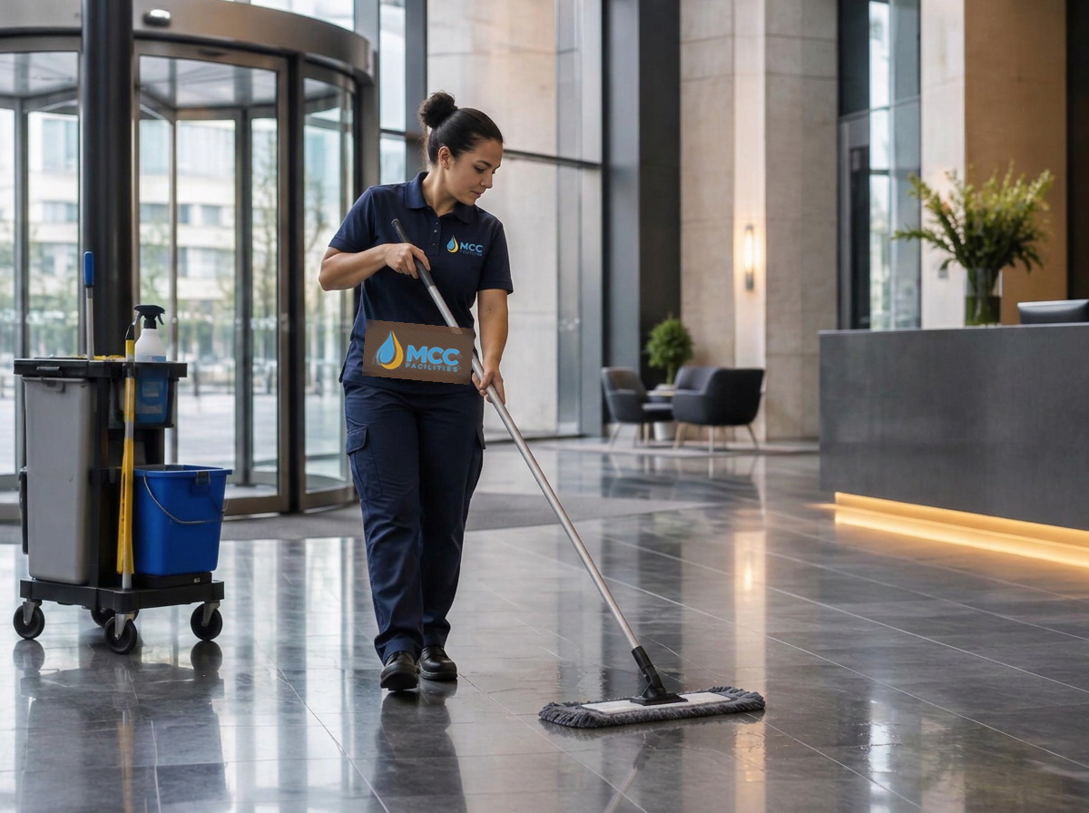 Professional cleaner maintaining a commercial entrance lobby