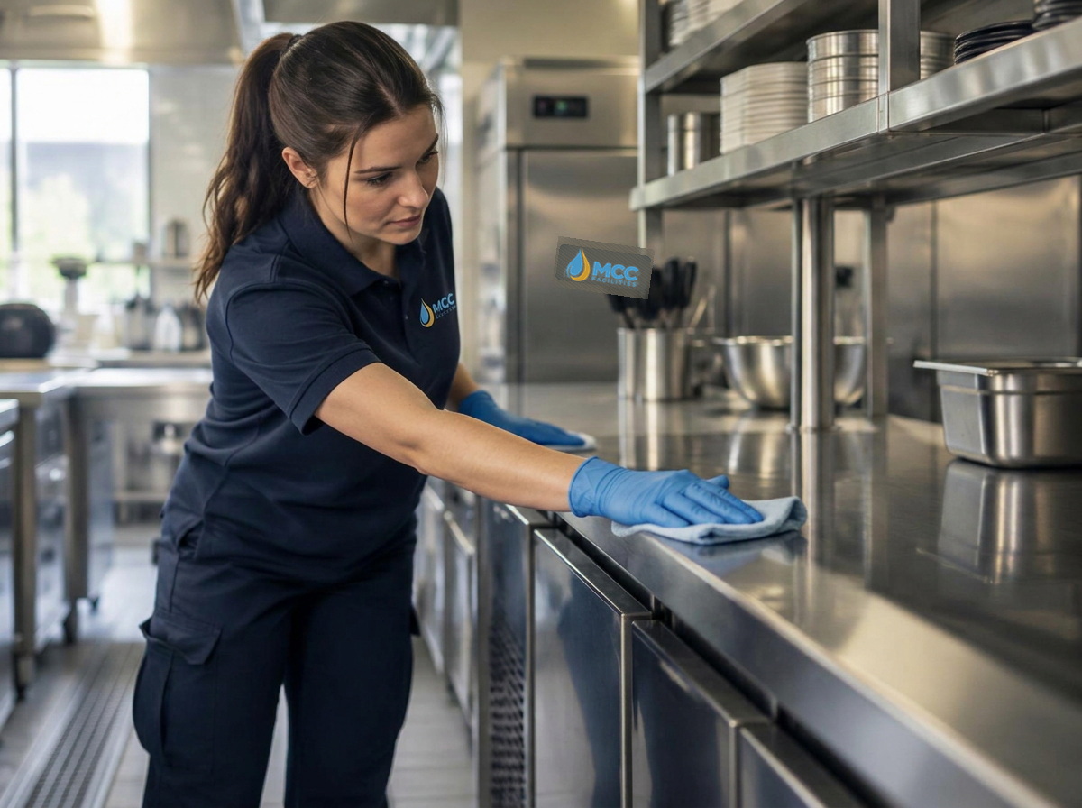 Specialist cleaner deep cleaning a commercial kitchen