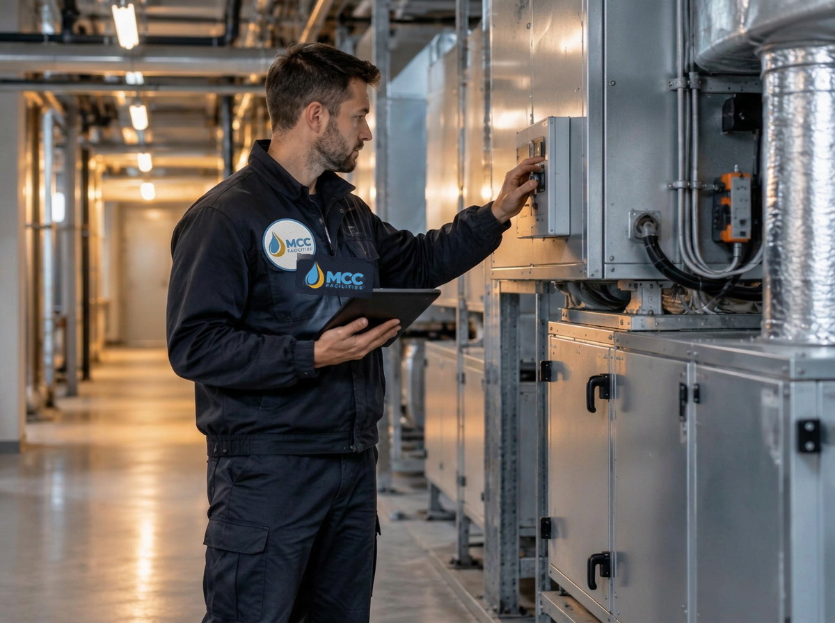 Facilities professional inspecting commercial building equipment