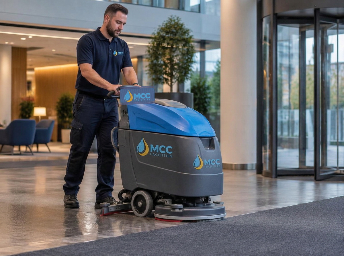 Floor care operative using a commercial scrubber