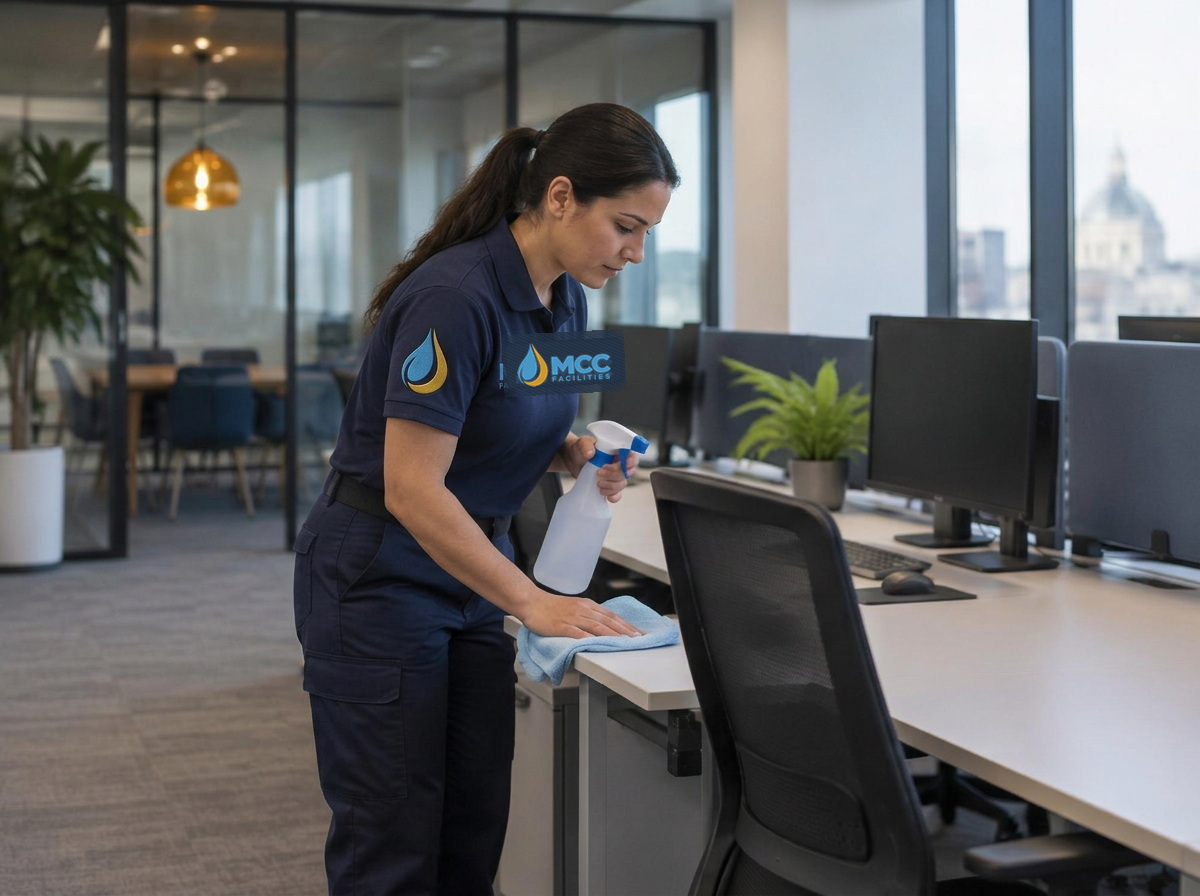 Cleaner carefully wiping desks in a modern office