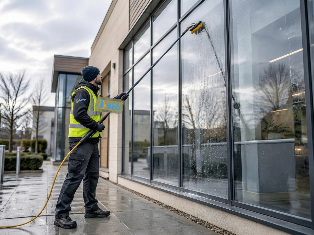 Window cleaner working on a commercial glass frontage